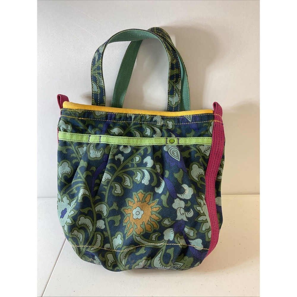 VTG‎ LUCKY Brand Y2K Canvas Tote bucket Bag Blue Floral Pockets Boho Hippie EUC